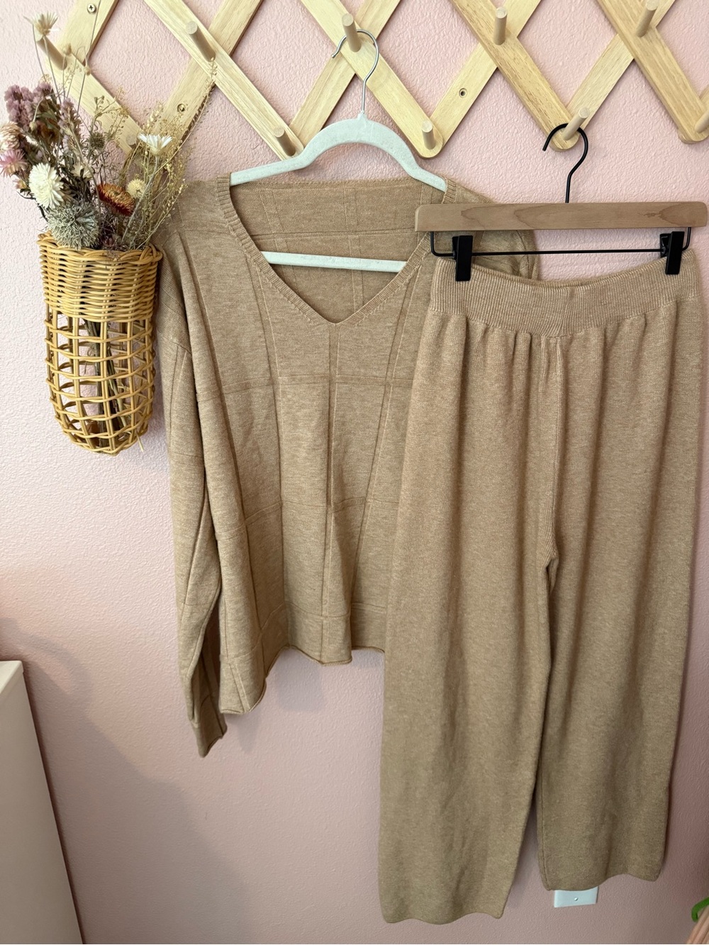 NWOT Cozy Camel Knit Lounge Set - V-Neck Sweater & Elastic Waist Pants